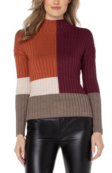 Mock Neck Colorblock Sweater Liverpool Los Angeles Sweaters Women Burgundy Rust Colorblock
